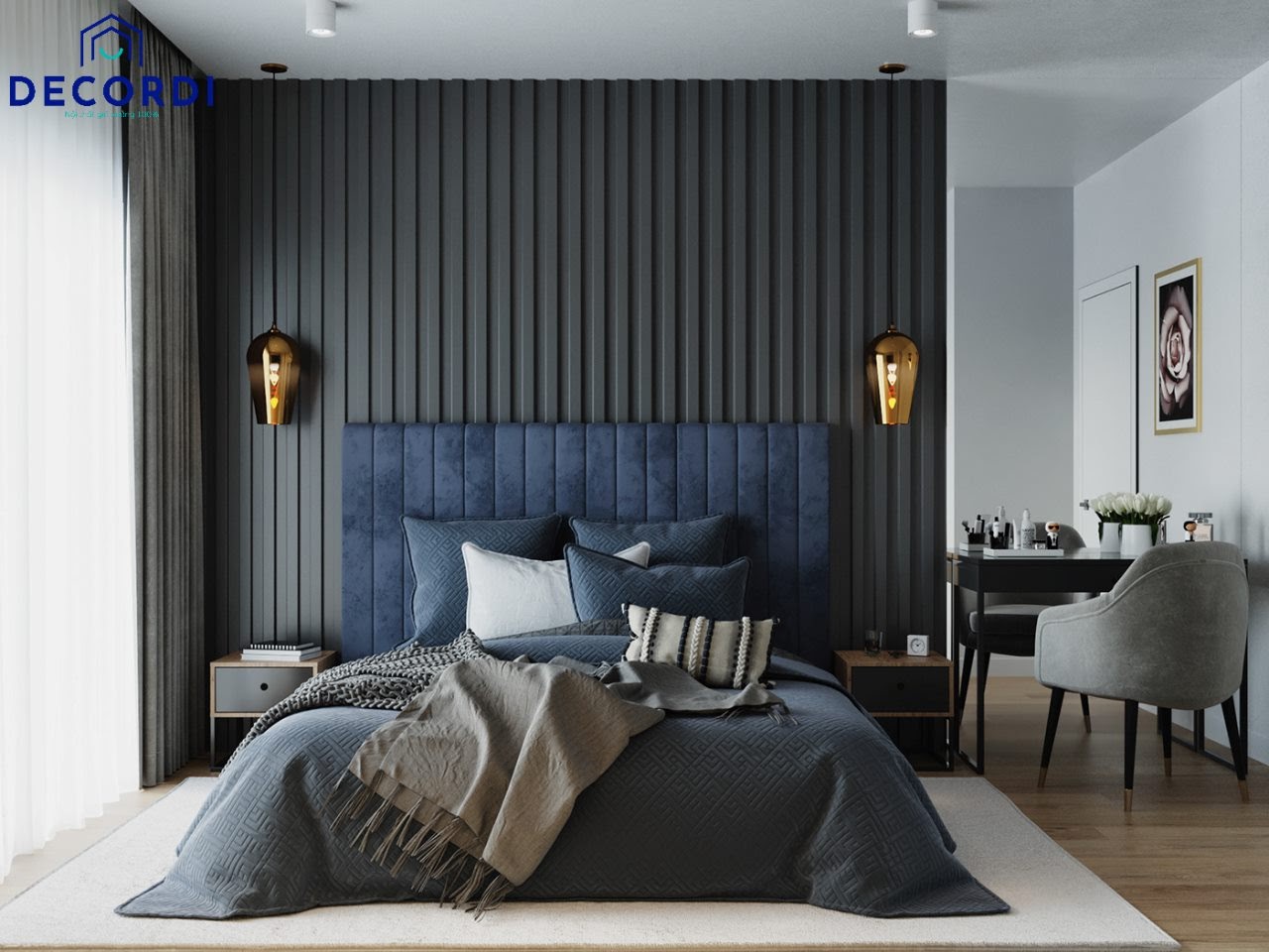 Nội thất phòng ngủ hiện đại cho vợ chồng với gam màu xanh đen hiện đại